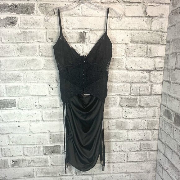 PrettyLittleThing Shape Black Sating Lace Overlay Suspender Bodycon Dress NWT - Picture 1 of 13